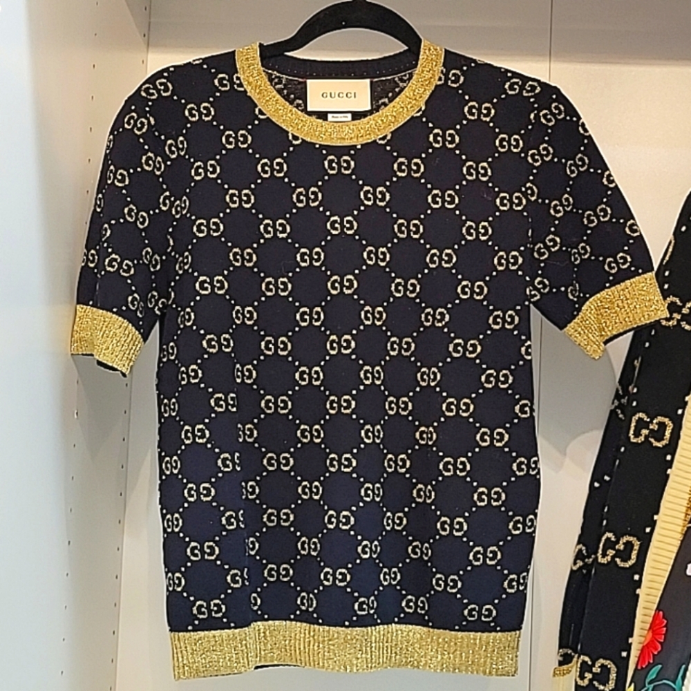 Gucci Navy Crew Neck Sweater with Gold Trim
